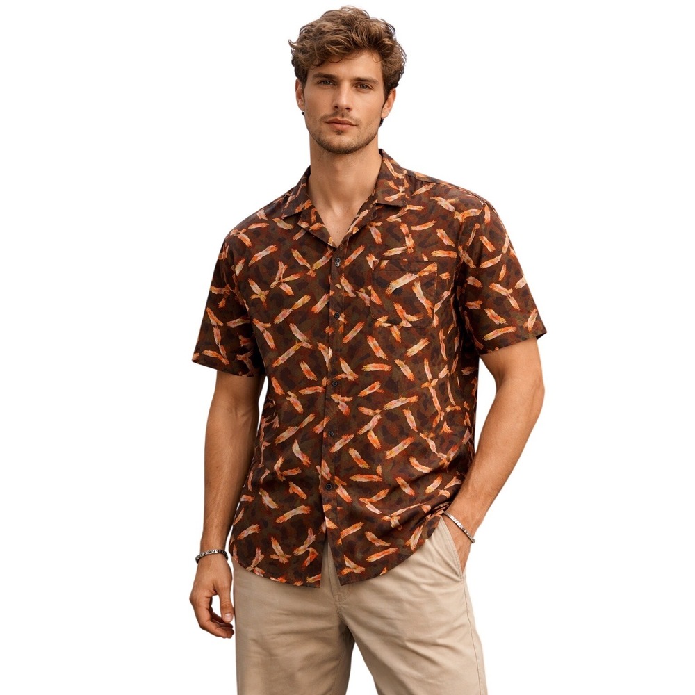 Abound Mens Large Brown Abstract Brushstroke Viscose Short Sleeve Button Down